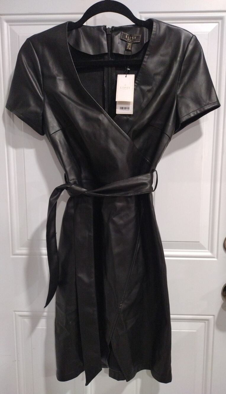 Lipsy London ~Wrap Front PU Dress~ Black (Size 4) Sexy ~NWT